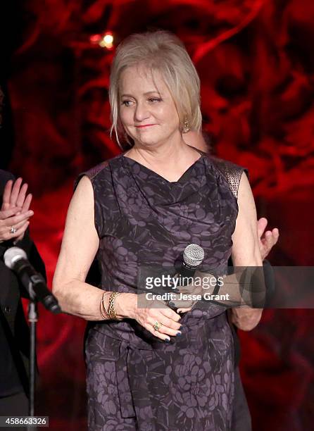 Event chair Loraine Boyle speaks onstage at the International Myeloma Foundation 8th Annual Comedy Celebration benefiting The Peter Boyle Research...