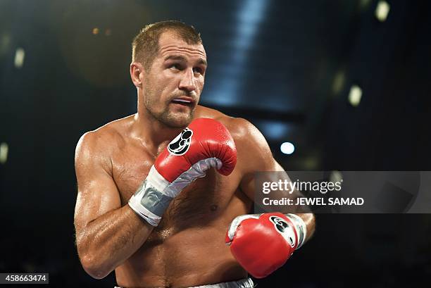 Sergey Kovalev of Russia fights against Bernard Hopkins of the US during their IBF, WBA and WBO light heavyweight title bout at the Boardwalk Hall in...