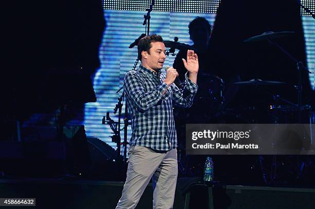 Jimmy Fallon performs at the 2014 Comics Come Home Benefiting The Cam Neely Foundation For Cancer Care at TD Garden on November 8, 2014 in Boston,...