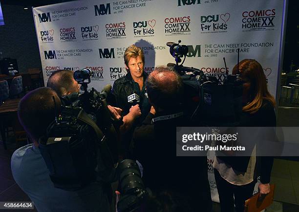 Denis Leary speaks to press at the 2014 Comics Come Home Benefiting The Cam Neely Foundation For Cancer Care at TD Garden on November 8, 2014 in...