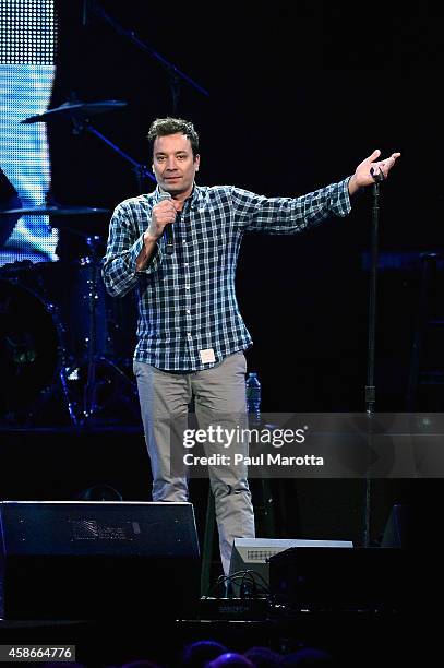 Jimmy Fallon performs at the 2014 Comics Come Home Benefiting The Cam Neely Foundation For Cancer Care at TD Garden on November 8, 2014 in Boston,...