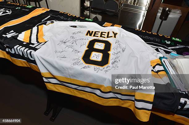 Autographed Boston Bruins Cam Neely jersey at the 2014 Comics Come Home Benefiting The Cam Neely Foundation For Cancer Care at TD Garden on November...