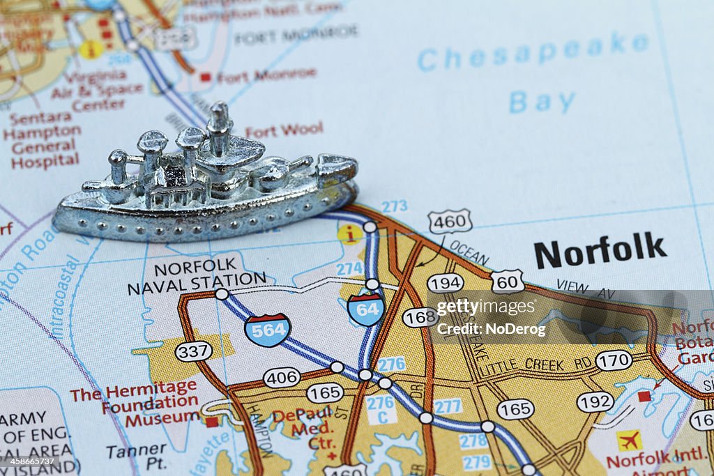 Norfolk Naval Base with battleship game piece