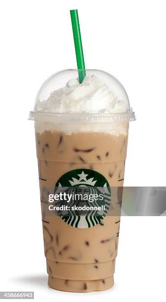 starbucks venti caramel frappucino on white - starbucks stock pictures, royalty-free photos & images