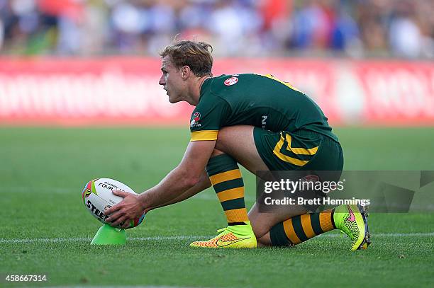 Daly Cherry-Evans of Australia lines up a conversion during the Four Nations match between the Australian Kangaroos and Samoa at WIN Stadium on...