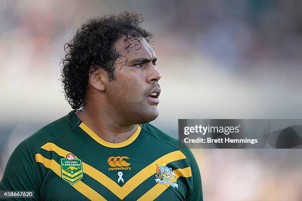 Sam Thaiday of Australia looks on during the Four Nations match between the Australian Kangaroos and Samoa at WIN Stadium on November 9, 2014 in...