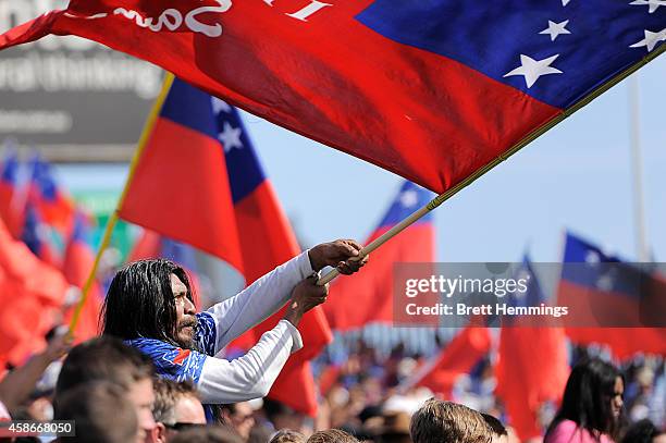 Fans enjoy the atmosphere during the Four Nations match between the Australian Kangaroos and Samoa at WIN Stadium on November 9, 2014 in Wollongong,...