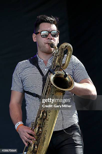 Stephen Chen of San Fermin performs in concert during day 2 of FunFunFun Fest at Auditorium Shores on November 8, 2014 in Austin, Texas.