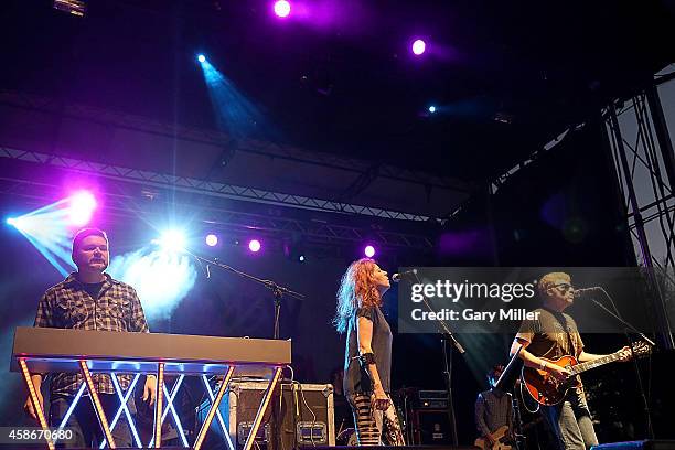 Blain Thurier, Neko Case and AC Newman of The New Pornographers perform in concert during day 2 of FunFunFun Fest at Auditorium Shores on November 8,...