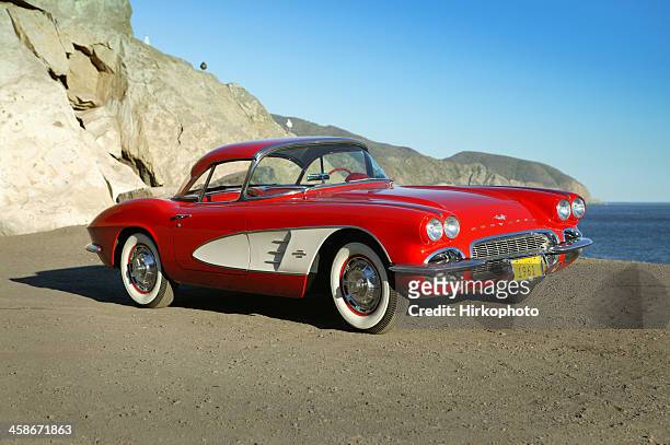 chevy corvette, 1961 at the beach - chevrolet corvette stock pictures, royalty-free photos & images