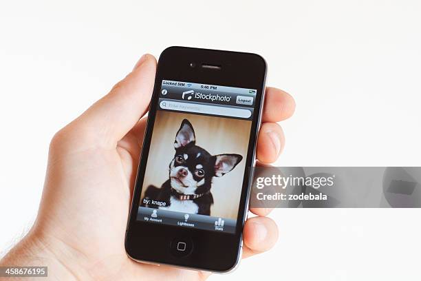 menschliche hand holding iphone 4 mit istockphoto-anwendung - istock_photo stock-fotos und bilder