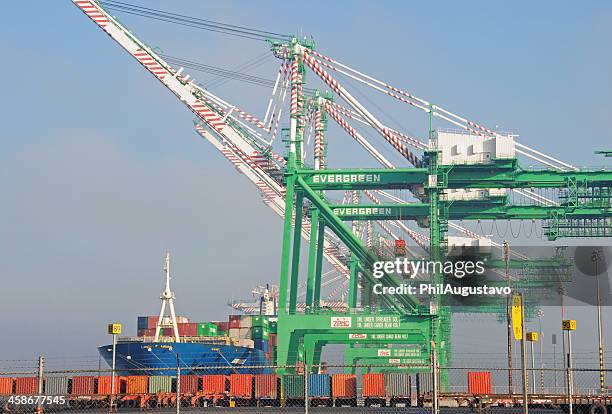 container cranes and ship in port of tacoma - tacoma washington stock pictures, royalty-free photos & images