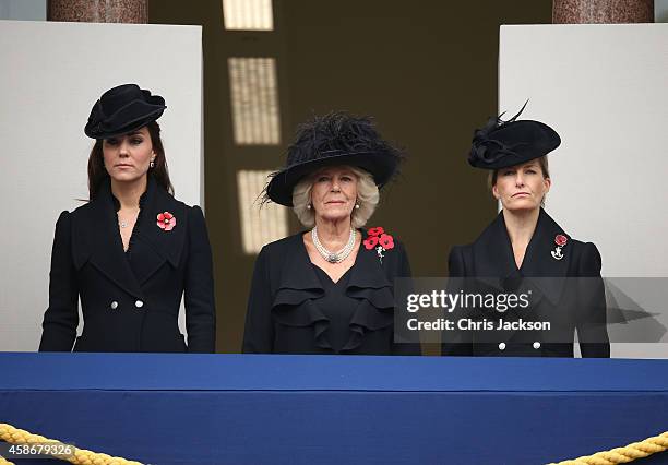 Catherine, Duchess of Cambridge, Camilla, Duchess of Cornwall, and Sophie, Countess of Wessex attend the annual Remembrance Sunday Service at the...