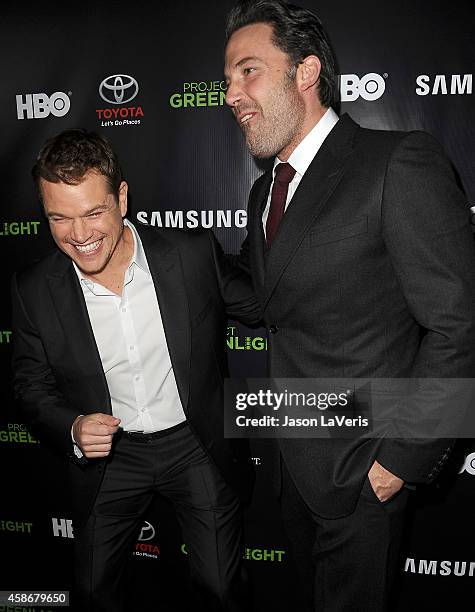 Actors Matt Damon and Ben Affleck attend the "Project Greenlight" event at Boulevard3 on November 7, 2014 in Hollywood, California.