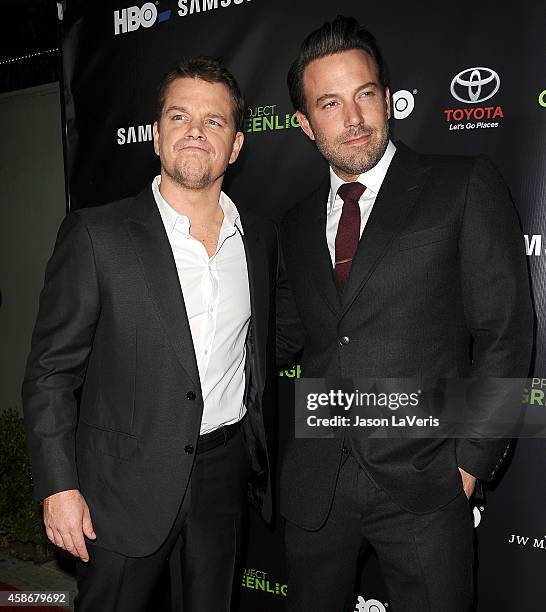 Actors Matt Damon and Ben Affleck attend the "Project Greenlight" event at Boulevard3 on November 7, 2014 in Hollywood, California.