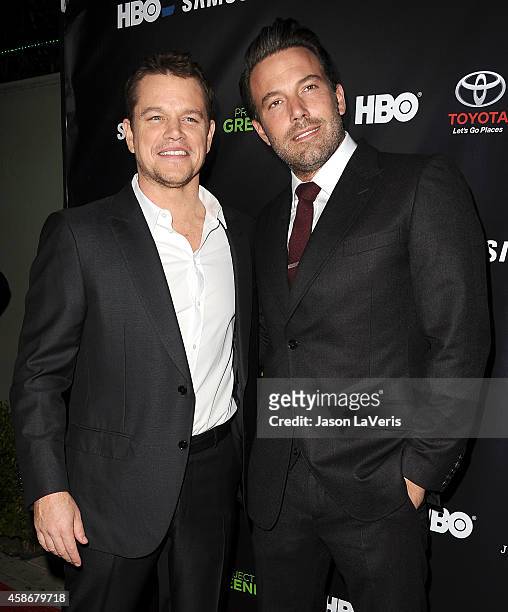 Actors Matt Damon and Ben Affleck attend the "Project Greenlight" event at Boulevard3 on November 7, 2014 in Hollywood, California.