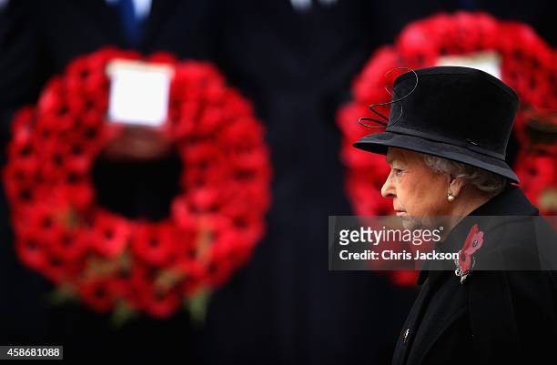 Queen Elizabeth II attends the annual Remembrance Sunday Service at the Cenotaph on Whitehall on November 9, 2014 in London, United Kingdom. People...