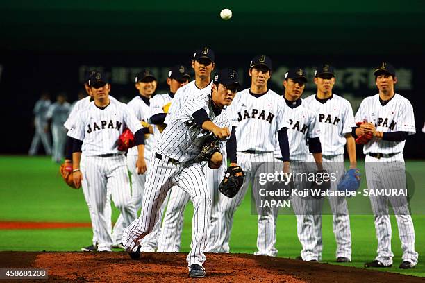 Pitcher Shintaro Fujinami of Samurai Japan in action during a training session at Fukuoka Yahuoku! Dome on November 9, 2014 in Fukuoka, Japan.