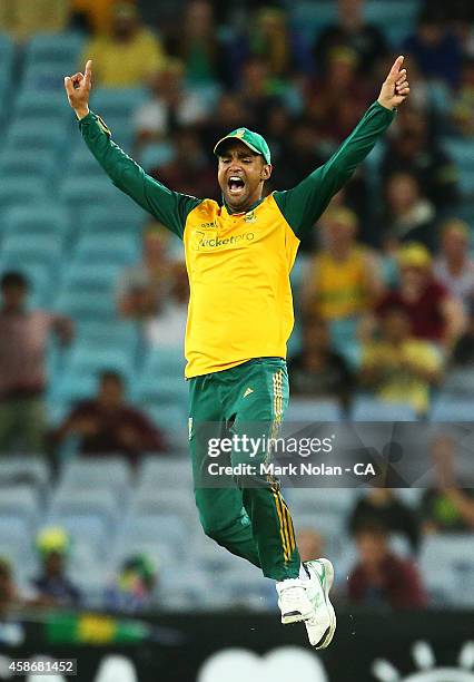 Robin Peterson of South Africa celebrates a wicket during game three of the Men's International Twenty20 series between Australia and South Africa at...