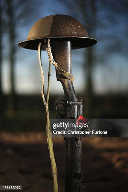 Solitary poppy adorns the memorial to soldiers killed in Dunkirk as members of the public and veterans gather to commemorate and pay respect to the...