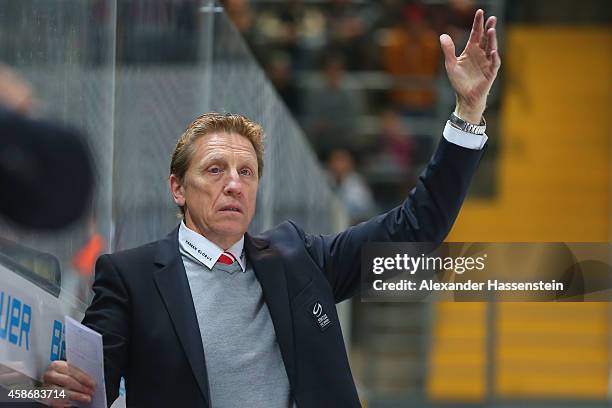 Glen Hanlon, head coach of Switzerland reacts during match 5 of the Deutschland Cup 2014 between Slovakia and Switzerland at Olympia Eishalle on...