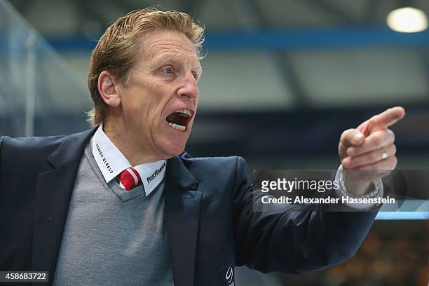 Glen Hanlon, head coach of Switzerland reacts during match 5 of the Deutschland Cup 2014 between Slovakia and Switzerland at Olympia Eishalle on...