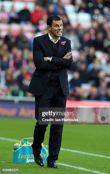 Sunderland manager Gus Poyet during the Barclays Premier League match between Sunderland and Everton at the Stadium of Light on November 09, 2014 in...