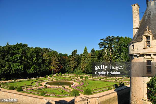 catherine de' medici's garden at château de chenonceau - château de chenonceau stock pictures, royalty-free photos & images