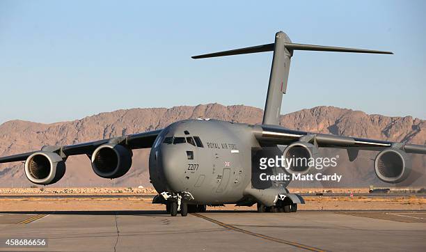 Royal Air Force C-17 arrives carrying Prince Harry to meet British troops and service personal remaining in Afghanistan as they are joined by...