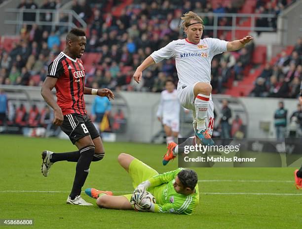 Roger de Oliviera Bernardo, Ramazan Oezcan of FC Ingolstadt 04 and Martin Dausch of 1 FC Union Berlin in action during the game between FC Ingolstadt...