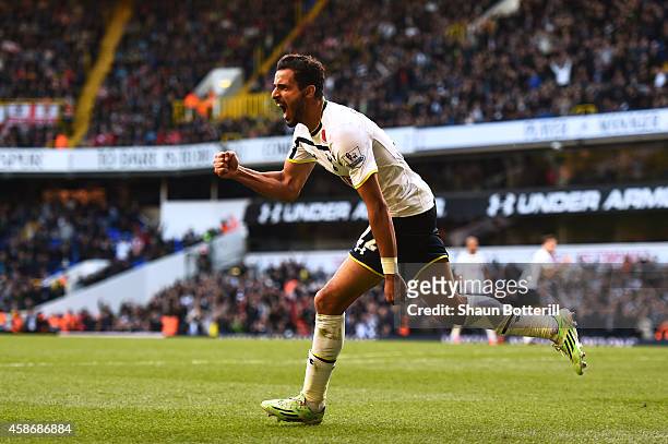 Nacer Chadli of Spurs celerates after scoring a goal during the Barclays Premier League match between Tottenham Hotspur and Stoke City at White Hart...