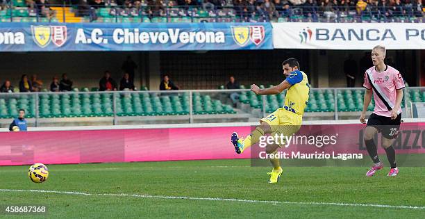 Sergio Pellissier of Chievo scores his team's opening goal during the Serie A match between AC Chievo Verona and AC Cesena at Stadio Marc'Antonio...