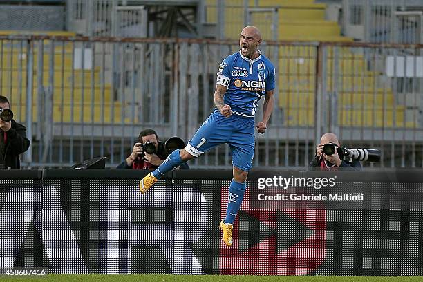 Massimo Maccarone of Empoli FC celebrates after scoring a goal during the Serie A match between Empoli FC and SS Lazio at Stadio Carlo Castellani on...