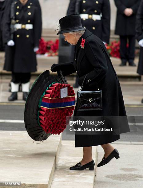 Queen Elizabeth II attends the annual Remembrance Sunday Service at the Cenotaph on Whitehall on November 9, 2014 in London, United Kingdom.