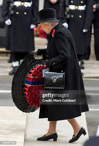 Queen Elizabeth II attends the annual Remembrance Sunday Service at the Cenotaph on Whitehall on November 9, 2014 in London, United Kingdom.