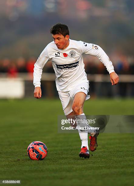 John Oster of Gateshead in action during the FA Cup first round match between Norton United and Gateshead at Smallthorne on November 9, 2014 in Stoke...