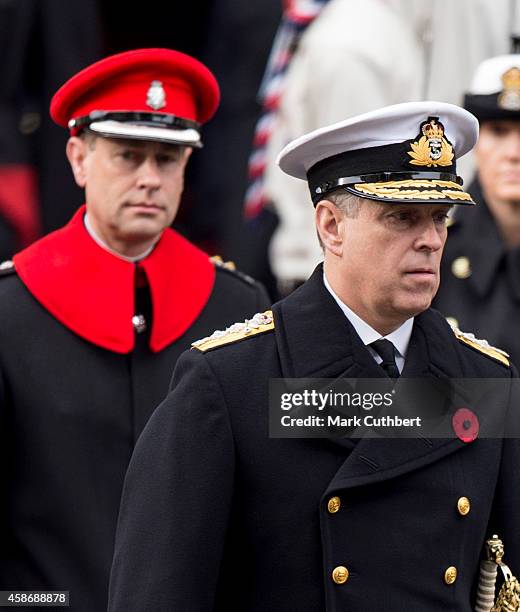 Prince Andrew, Duke of York and Prince Edward, Earl of Wessex attend the annual Remembrance Sunday Service at the Cenotaph on Whitehall on November...