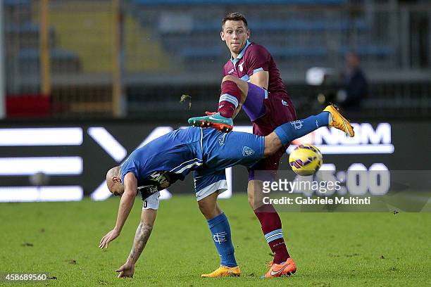 Massimo Maccarone of Empoli FC battles for the ball with Stefan De Vrij of SS Lazio during the Serie A match between Empoli FC and SS Lazio at Stadio...
