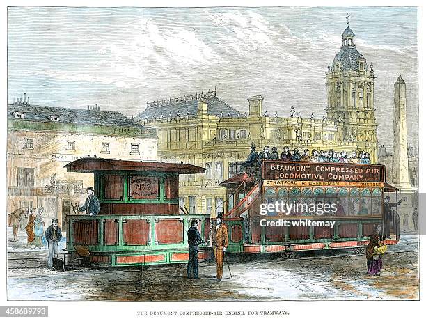 beaumont compressed air system engine for tramways - east london stock illustrations