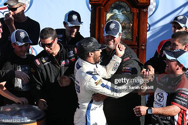 Darrell Wallace, Jr., driver of the 2015 NASCAR Hall of Fame Inductee Wendell Scott Toyota, celebrates in victory lane after winning the NASCAR...