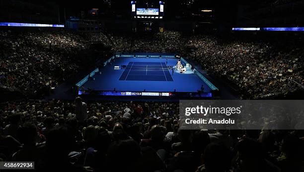 General view of the O2 Arena court during the singles group B match between Andy Murray of Great Britain and Kei Nishikori of Japan on the first day...