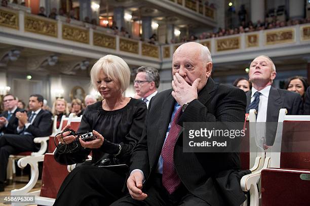 Former Soviet Leader Mikhail Gorbachev and his daughter Irina Wirganskaja attend a ceremony to celebrate the 25th anniversary of the fall of the...