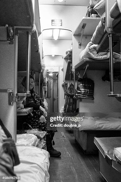 russian train 3rd class carriage - bunk beds for 3 stock pictures, royalty-free photos & images