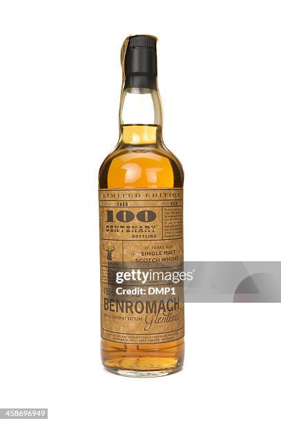 benromach centenary single malt scotch whisky bottle on white background - old fashioned whiskey stock pictures, royalty-free photos & images