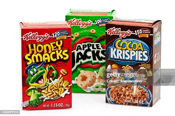 three boxes of assorted kelloggs cereal - cereal box stockfoto's en -beelden