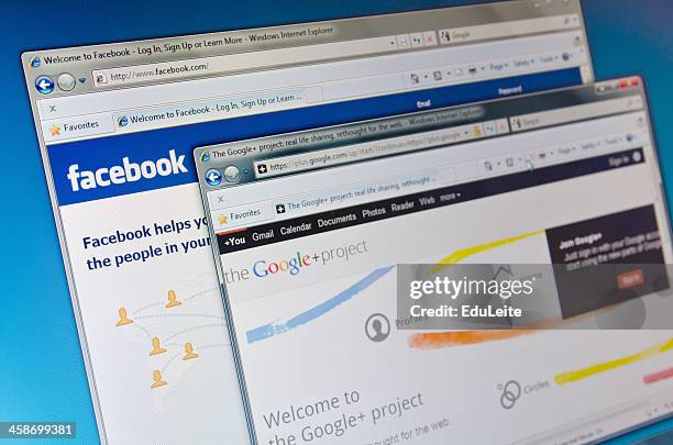 facebook and google+ - windows 7 pc stock pictures, royalty-free photos & images