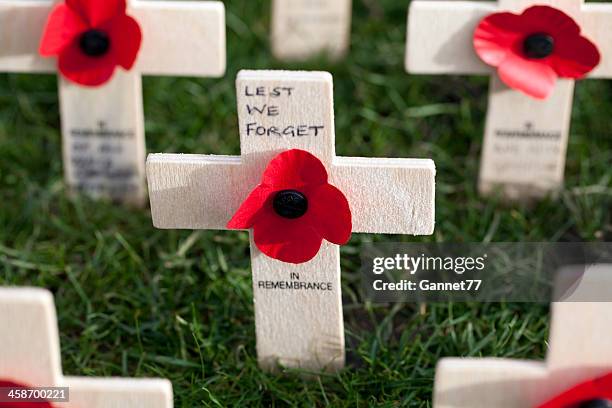 poppy crosses in the field of remembrance, edinburgh - remembrance sunday stock pictures, royalty-free photos & images