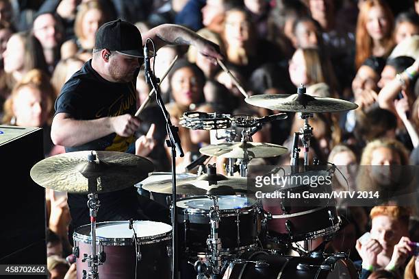 Ben Thatcher of Royal Blood performs on stage during the MTV EMA's 2014 at The Hydro on November 9, 2014 in Glasgow, Scotland.