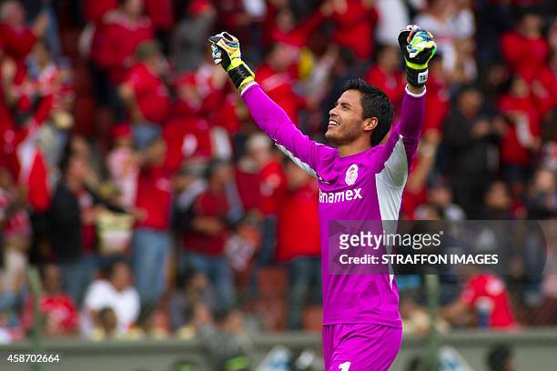 Alfredo Talavera, goalkeeper of Toluca, celebrates the second goal of his team during a match between Toluca and America as part of 16th round...