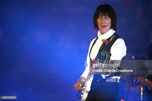 Jeff Beck performs during the NFL week 10 match between the Jackson Jaguars and the Dallas Cowboys at Wembley Stadium on November 9, 2014 in London,...